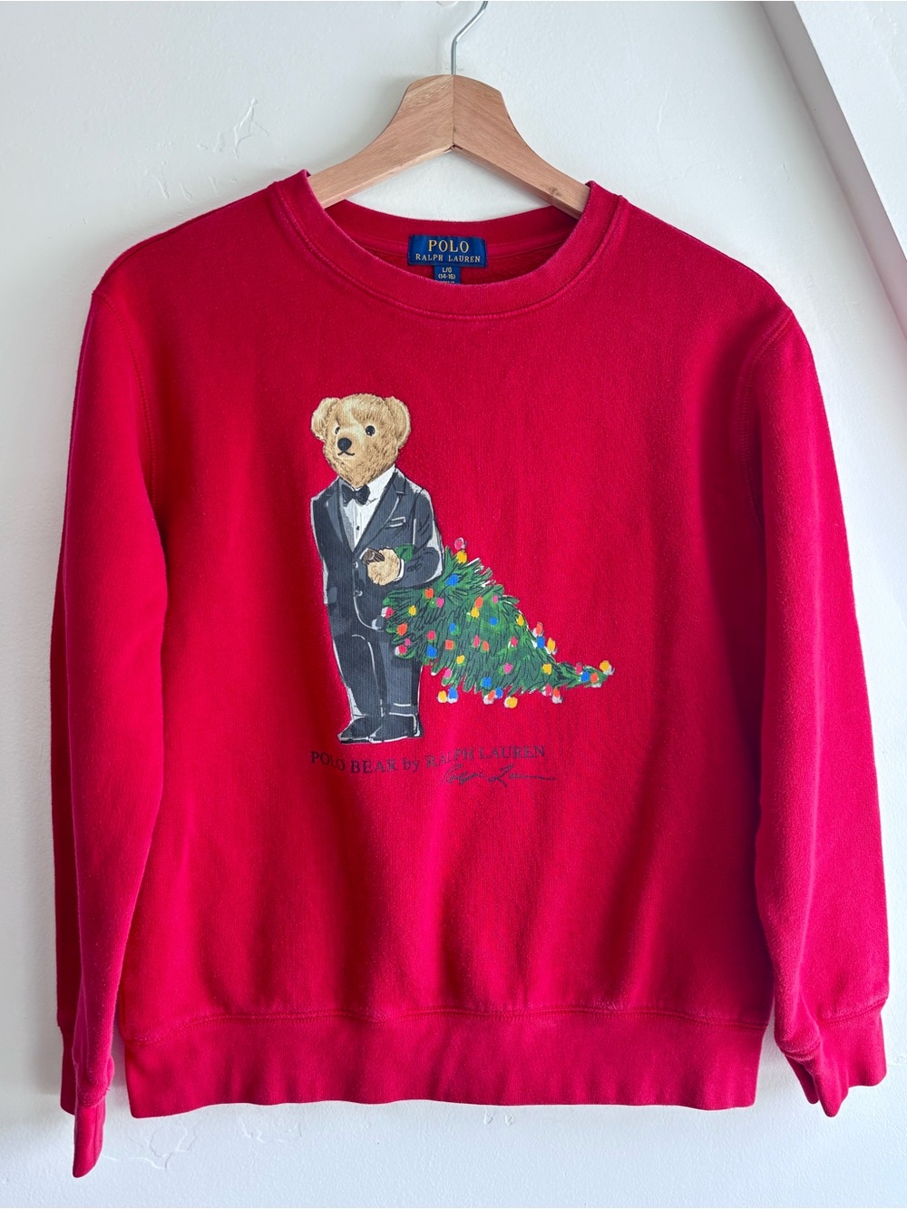 POLO RALPH LAUREN Kid's Youth Christmas Tuxedo Bear Red Sweater Size L 14/16